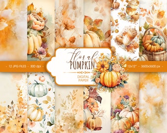 May include: A set of 12 digital papers featuring watercolor illustrations of pumpkins, flowers, and fall foliage in shades of orange, yellow, and green. The papers are 12 inches by 12 inches and 3600 pixels by 3600 pixels.
