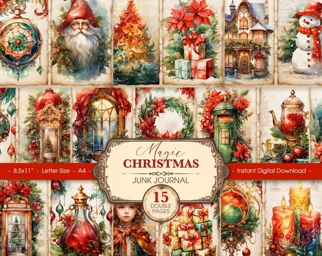 Christmas Junk Journal Kit, Vintage Colorful Christmas Printable Pages ...