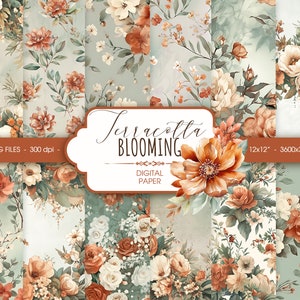 Terrakotta und Salbei grüne Blumen Aquarell digitales Papier, Rost Hochzeit Scrapbookpapier, Hintergrund für Journaling, digitaler Download