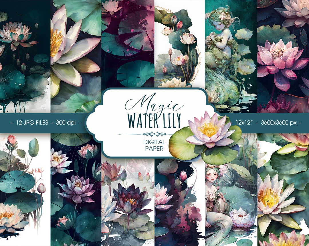 Water Lily Digital Paper, Abstract Dark Magic Floral Watercolor ...