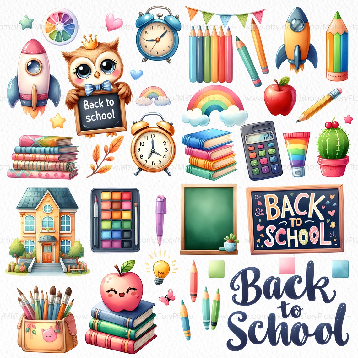 Back to School Bundle PNG Clipart. Cute Watercolor School Printable ...