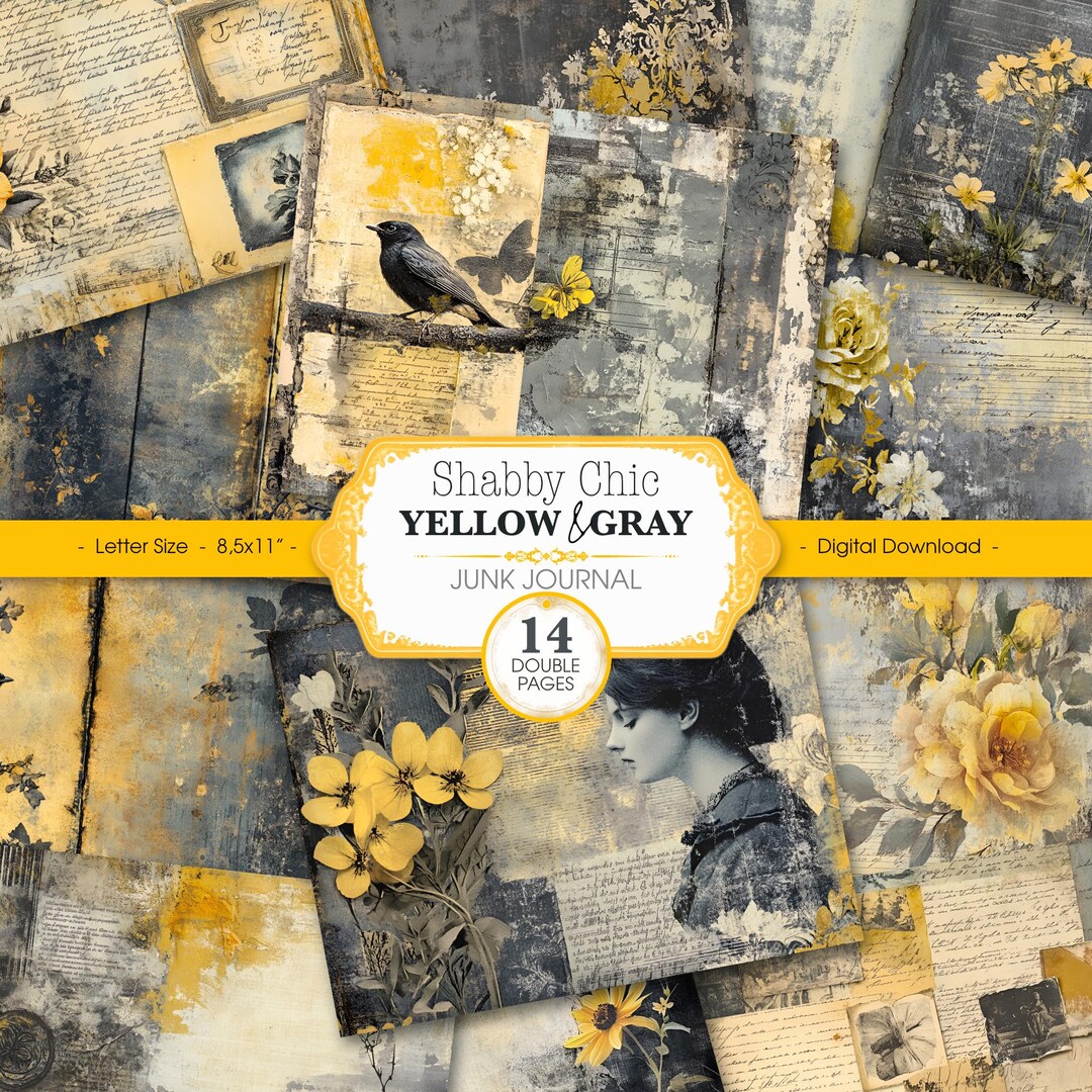 Shabby Chic Yellow Gray Junk Journal Kit: Printable Vintage Collage ...