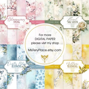 May include: A set of 12 digital paper designs featuring watercolor floral patterns. The designs include blooming spring flowers, dusty blue blossoms, sage green floral, and yellow blooming flowers. Each design is 12 inches by 12 inches and 300 dpi.