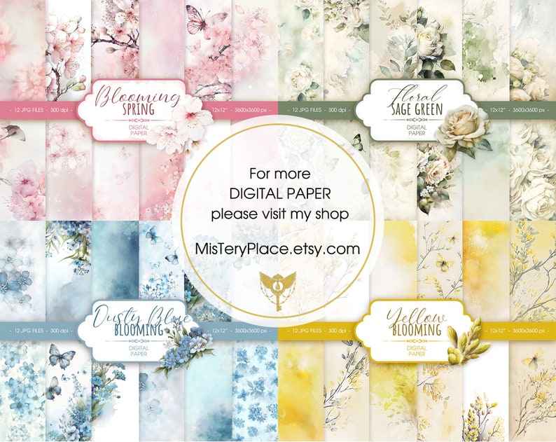May include: A set of 12 digital paper designs featuring watercolor floral patterns. The designs include blooming spring flowers, dusty blue blossoms, sage green floral, and yellow blooming flowers. Each design is 12 inches by 12 inches and 300 dpi.