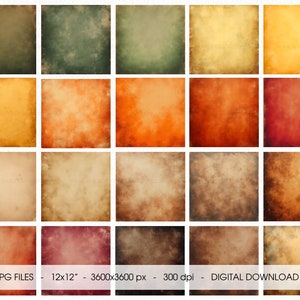 May include: Twenty digital paper textures in various shades of brown, orange, red, and green. Each texture is a 3600x3600 pixel square, 12x12 inches, and 300 dpi.