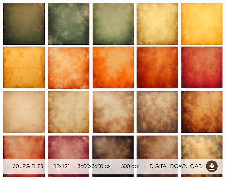May include: Twenty digital paper textures in various shades of brown, orange, red, and green. Each texture is a 3600x3600 pixel square, 12x12 inches, and 300 dpi.