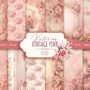 Vintage roze digitaal papier, Shabby chique grunge Victoriaans ornament afdrukbaar plakboekpapier, blozen efemere bloemen, digitale download