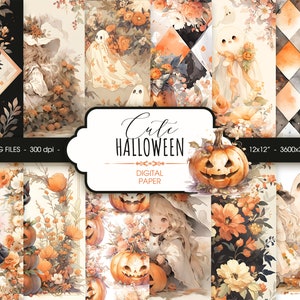 Carta digitale vintage di Halloween, carta per scrapbook acquerello carina di Halloween, strega di Halloween e sfondo fantasma, download digitale