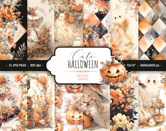Peut inclure: Une collection de papiers numériques sur le thème d'Halloween. Les motifs présentent des illustrations à l'aquarelle de citrouilles, de fantômes et d'arrangements floraux dans des tons orange, crème et noir. Le texte "Cute Halloween Digital Paper" est affiché.