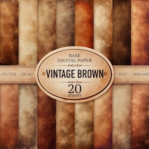 Puede incluir: Una colección de 20 hojas de papel digital marrón vintage. El papel presenta una variedad de tonos marrones, desde beige claro hasta marrón oscuro. La imagen incluye el texto "VINTAGE BROWN" y "20 hojas". Cada hoja mide 30,48 x 30,48 cm y 3600x3600 px.