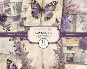 Vintage Shabby Chic Lavender Junk Journal kit, grunge paarse afdrukbare pagina's, digitaal papier ambacht collage blad ephemera voor scrapbooking