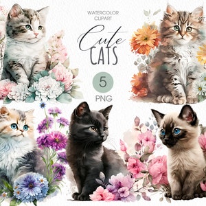 Cat PNG clipart. Cute cat floral watercolor clipart.