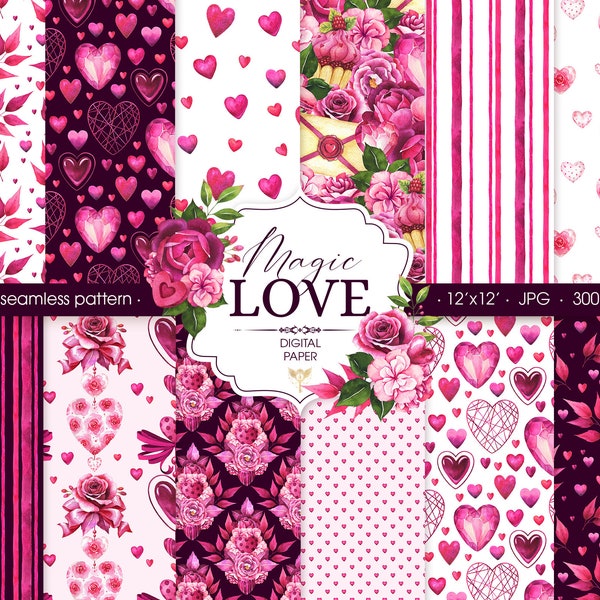 Love digital paper pack. Valentines digital paper with seamless pattern. Scrapbook paper with watercolor hearts and flowers