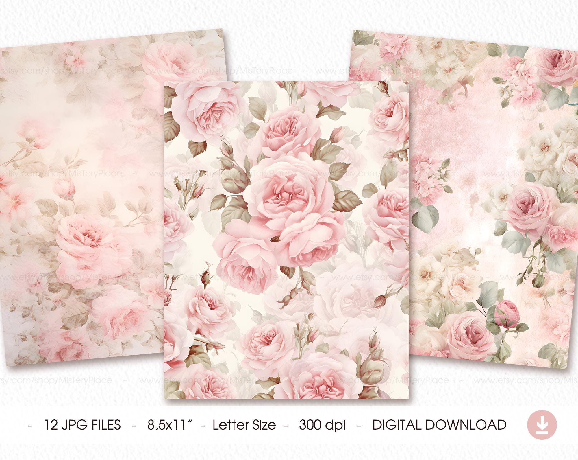 Pale Rose Floral Digital Paper: Shabby Chic Scrapbook Backgrounds (8 ...