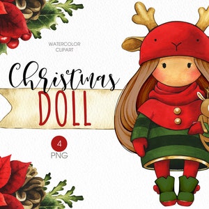 Christmas Baby Girl Doll PNG clipart. Cute watercolor clipart - Christmas hand drawn illustration. Digital download