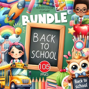 Back to school bundle PNG clipart. Cute watercolor school printable clipart for teacher and kids, digital download
