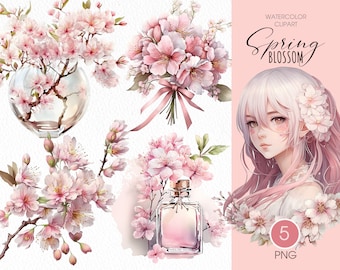 Cherry blossom PNG clipart. Sakura flowers watercolor clipart.