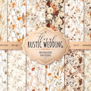 May include: A selection of floral seamless patterns for a rustic wedding theme. The designs showcase watercolour flowers, leaves, and grasses in beige, brown, and orange hues. The image includes the text "Floral Rustic Wedding" and "Seamless Pattern".