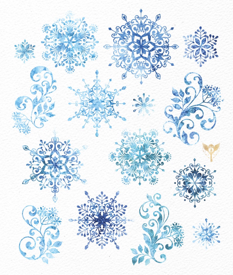 Puede incluir: Un conjunto de 12 ilustraciones de acuarela con copos de nieve azules y dise&ntilde;os florales. Los copos de nieve son intrincados y detallados, con una variedad de formas y tama&ntilde;os. Los dise&ntilde;os florales son delicados y caprichosos, con enredaderas y hojas en espiral.