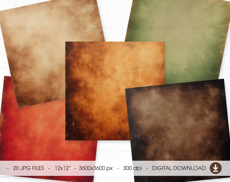 May include: Set of 20 digital paper backgrounds in various shades of brown, red, green, and beige. Each background has a textured, vintage look, resembling aged paper.