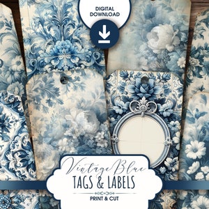 Vintage blauwe cadeaulabels, afdrukbare Shabby Chic DIY bloemenlabels scrapbooking junkdagboek, grunge Victoriaanse bagagelabels, digitale download