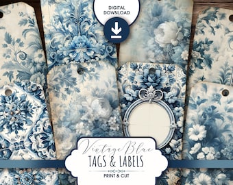 May include: A set of printable vintage blue floral tags and labels. The tags feature a blue and white floral pattern with a distressed look. The text "Vintage Blue Tags & Labels" is printed on the tags. The text "Print & Cut" is also printed on the tags.
