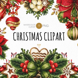Clipart de Natal PNG. Buquê floral de Natal. Bagas vermelhas em aquarela, enfeites de ouro, arcos, clipart de galho verde