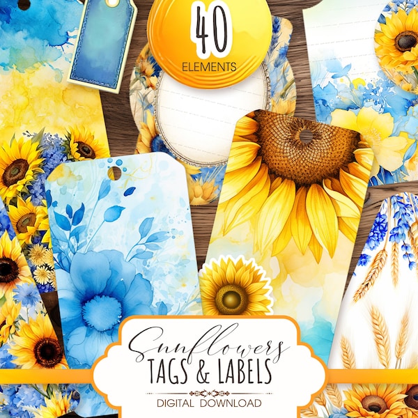 Sunflower gift tags, printable DIY labels and stickers for scrapbooking junk journal bullet journal, vintage luggage tags, digital download