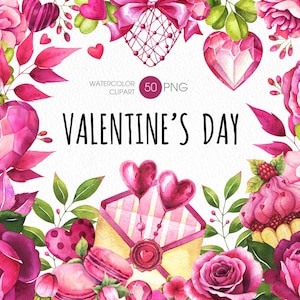 Valentines PNG Clipart. Watercolor Love Clipart, Pink Hearts, Flowers ...