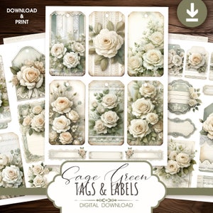 Etichette regalo floreali verde salvia, etichette fai da te Shabby Chic stampabili per diario spazzatura scrapbooking, etichette per bagagli vintage, download digitale