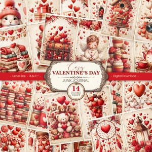 Valentijnsdag Junk Journal kit, afdrukbare Valentijnspagina's, digitaal papier ambachtelijk collageblad voor scrapbooking, direct downloaden