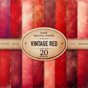 May include: A digital paper pack featuring 20 sheets with a vintage red color scheme. The papers have a textured, distressed appearance with variations in shades of red, burgundy, and pink. The image includes text that reads "VINTAGE RED" and "20 sheets".