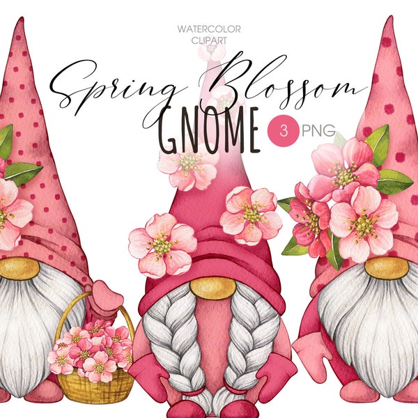 Spring blossom Gnome PNG clipart. Garden gnomes cute watercolor clipart
