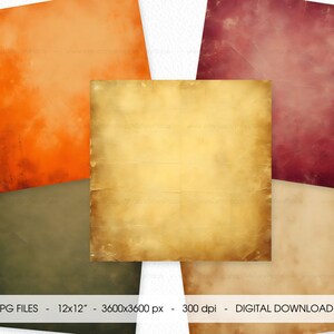May include: Set of 20 digital paper textures in various shades of brown, orange, red, and green. Each paper texture is 3600x3600 pixels and 300 dpi. The papers have a vintage, aged, and worn look.