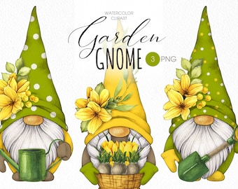 Watercolor Spring Garden Gnomes Clipart (PNG)