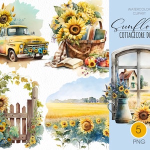 Tournesol fleuri clipart PNG. Clipart aquarelle de fleurs d'été Cottagecore.