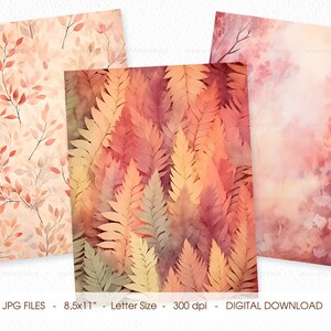 May include: A set of 12 digital paper designs featuring watercolor illustrations of autumn leaves in shades of orange, red, and brown. The papers are perfect for scrapbooking, card making, and other craft projects.