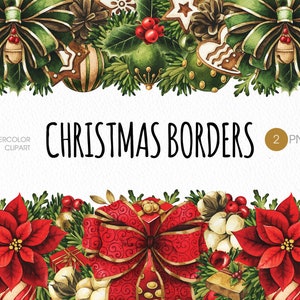 Borde navideño PNG clipart. Borde floral navideño. Imágenes prediseñadas navideñas en acuarela con lazos, adornos y flores.