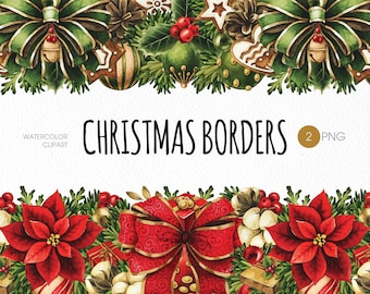 Christmas border PNG clipart. Christmas Floral border. Watercolor holiday clipart with bows, ornaments, flowers