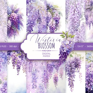 Papier numérique floral violet printanier, papier de scrapbooking mariage glycine, fond aquarelle abstrait imprimable, téléchargement numérique
