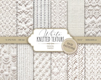May include: Twelve digital paper patterns featuring white knitted textures. The patterns are 12 inches by 12 inches and 3600 pixels by 3600 pixels.