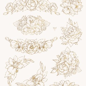 Pode incluir: Um conjunto de nove ilustra&ccedil;&otilde;es florais douradas que apresentam v&aacute;rios arranjos de flores e folhas. As ilustra&ccedil;&otilde;es s&atilde;o perfeitas para adicionar um toque de eleg&acirc;ncia a qualquer projeto.