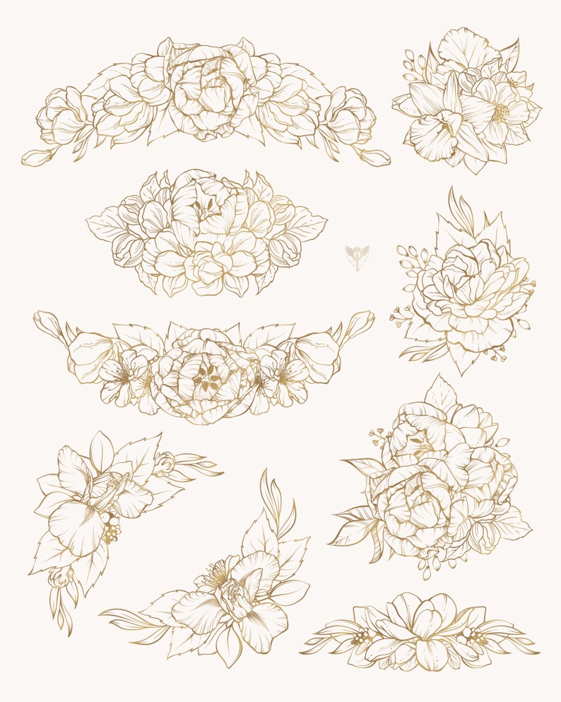Pode incluir: Um conjunto de nove ilustra&ccedil;&otilde;es florais douradas que apresentam v&aacute;rios arranjos de flores e folhas. As ilustra&ccedil;&otilde;es s&atilde;o perfeitas para adicionar um toque de eleg&acirc;ncia a qualquer projeto.