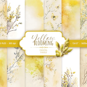 Yellow floral watercolor digital paper, abstract yellow spring watercolor scrapbook paper