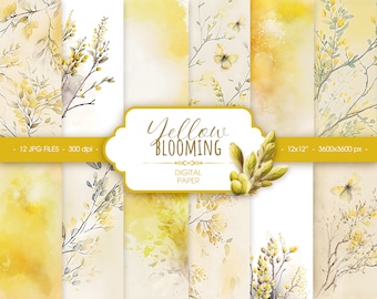 Digitalt papper för akvarellblommor, abstrakt gult vårfärgat scrapbookingpapper