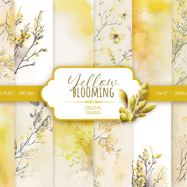 Yellow floral watercolor digital paper, abstract yellow spring watercolor scrapbook paper