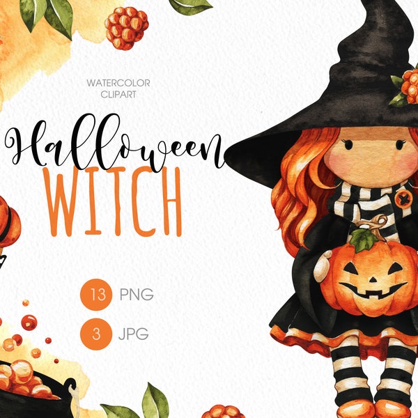 Clipart png de Halloween Witch. Baby witch linda acuarela clipart.