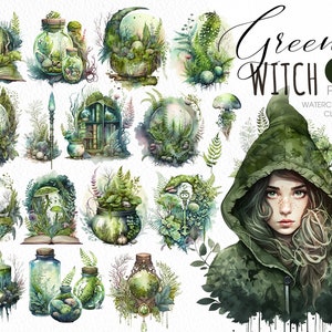 Green Witch PNG clipart. Witchy watercolor clipart. image 1