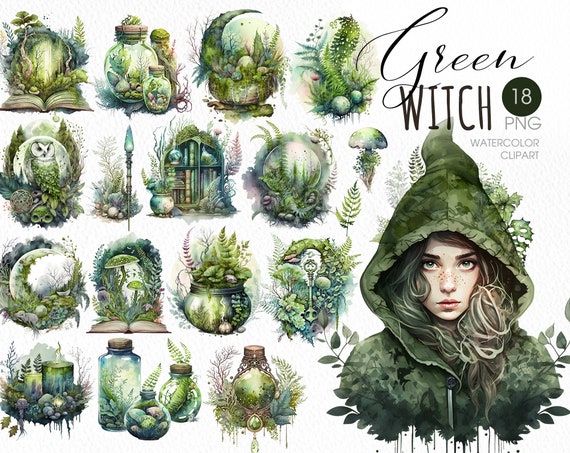 Green Witch PNG clipart. Witchy watercolor clipart.