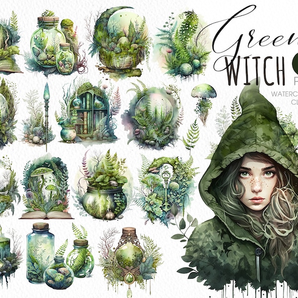 Green Witch PNG clipart. Witchy watercolor clipart.